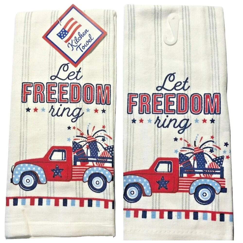 July 4th Kitchen Dish Towels Set of 2 Let Freedom Ring Red Farm Truck Fireworks